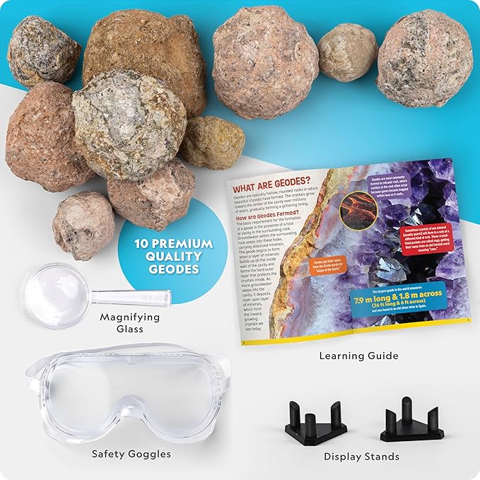 NATIONAL GEOGRAPHIC Break Open 10 Premium Geodes – Includes Goggles and 2 Display Stands - Great STEM Science Kit, Geology Gift for Kids, Break Your Own Geodes with Crystals, Toys for Boys and Girls
