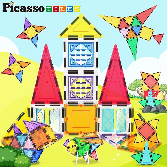 PicassoTiles Magnetic Tiles Magnet Tile Building Blocks Construction Set with 110+ Page IdeaBook Included STEM Learning Toys Toddlers Educational Fun Pretend Play Kids Boys Girls Sensory Toys Ages 3+