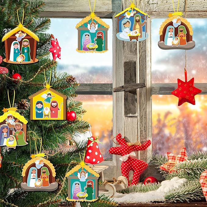 ReliThick 30 Sets Nativity Scene Craft Kit for Kids Nativity Crafts Stick Ornament Religious Crafts Kit Christian Christmas Tree Ornament Crafts with Rope for Kids Classroom Party Favors Supplies