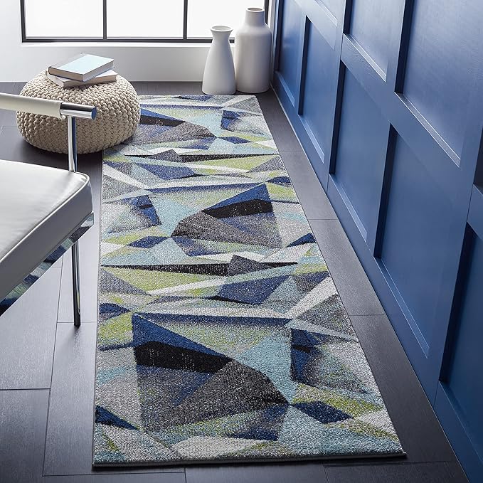 SAFAVIEH Porcello Collection Runner Rug - 2'3" x 14', Grey & Blue, Modern Abstract Design, Non-Shedding & Easy Care, Ideal for High Traffic Areas in Living Room, Bedroom (PRL6940G)