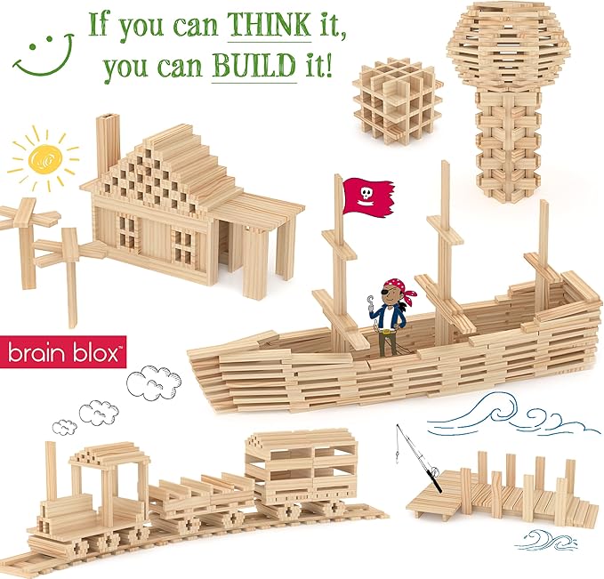 Natural Wooden Blocks for Kids Ages 4-8 - Montessori Blocks for Hands-on Learning - STEM and Architecture for Kids (200 Building Blocks)
