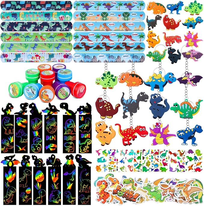 120Pcs Dinosaur Party Favors Dinosaur Birthday Party Supplies Dinosaur Stamps Slap Bracelets Keychains Rings Stickers Temporary Tattoos Bookmarks for Kids Dinosaur Pinata Bags Fillers Classroom Prizes