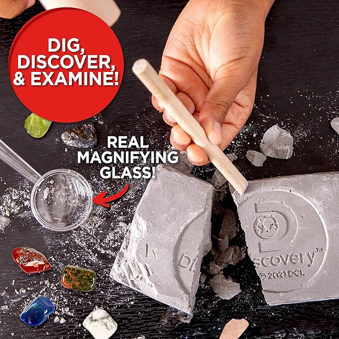 Discovery Kids Gemstone Dig Stem Science Kit by Horizon Group Usa, Excavate, Dig & Reveal 11 Real Gemstones, Includes Goggles, Excavation Tools, Streak Plate, Magnifying Glass & More