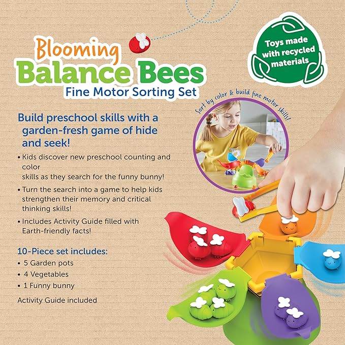 Learning Resources Blooming Balance Bees Fine Motor Sorting Eco Friendly Set - Preschool Learning Activities , Montessori Toys for Toddlers , Kids Easter Gifts, Ages 3+
