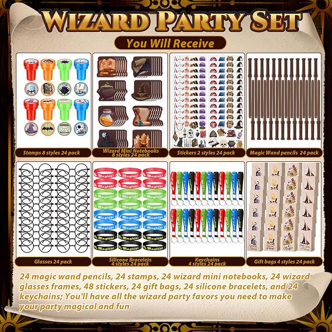 Yexiya 216 Pcs Wizard Party Supplies Magic Theme Birthday Favors with Wizard Wands Pencils Mini Notebook Glasses Bracelet Stickers Gift Bags Favor for Goodie Bag Stuffers Classroom Prizes Supplies