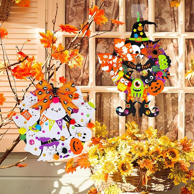 Winlyn 12 Sets Halloween Wreath Signs Decorations DIY Halloween Craft Kits Fall Kids Crafts Art Sets Ghost Spider Web Witch Hat Pumpkin Foam Stickers Arts and Crafts for Kids Home Classroom Activities