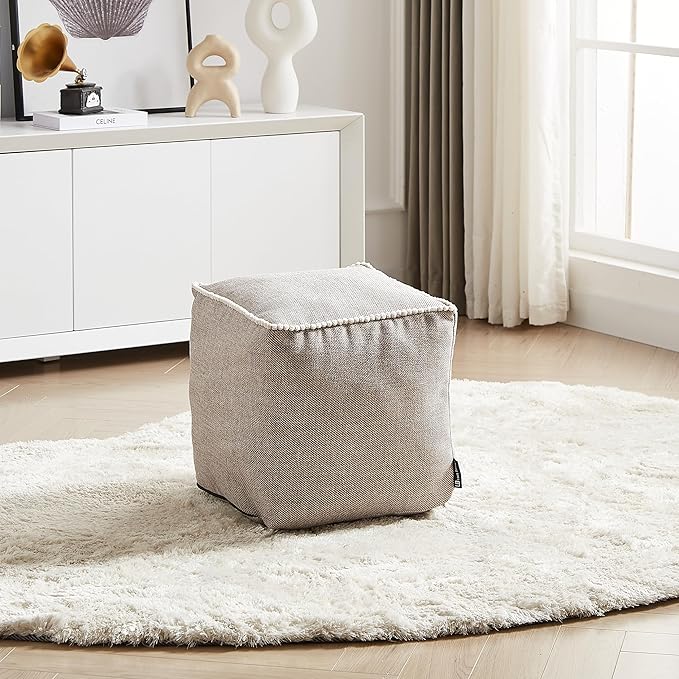 Louis Donné Unstuffed Pouf Ottoman Cover Footstool Square Poofy Ottomans for Storage Foot Rest Floor Cushion Cotton Fabric Decorative for Replacement with Pom Trim Lace 45x45(Only Cover)