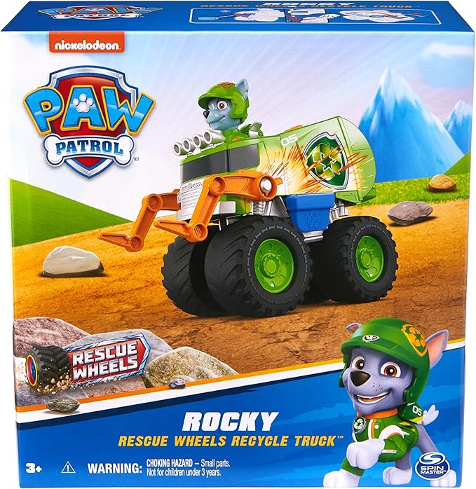 Paw Patrol: Rescue Wheels Rocky’s Recycle Truck, Toy Truck with Projectile Launcher and Collectible Action Figure, Kids Toys for Boys & Girls Ages 3+