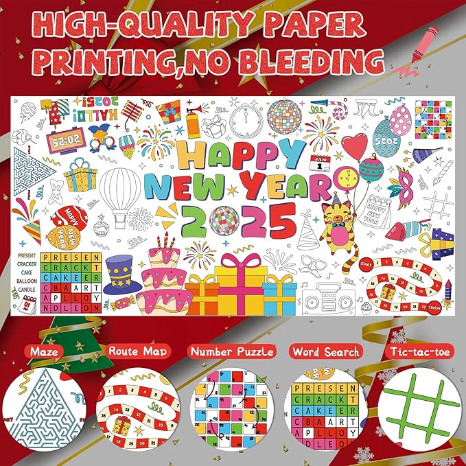 YQUQWN Giant Happy New Year 2025 Coloring Poster - 35.5×72 Inch Disco Ball Poster Tablecloth - Happy New Years Eve Crafts Party Favors - 2025 New Year Kids Activities Party Decoration Supplies
