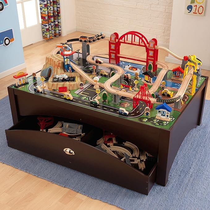 KidKraft Metropolis Wooden Train Set & Table with 100 Pieces and Storage Drawer - Espresso
