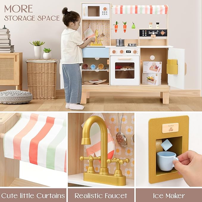 PairPear Play Kitchen for Kids, Wooden Toy Kitchen Set with Coffee Maker Ice Maker & Play Kitchen Accessories, Pretend Play Toddler Kitchen Toys Gift for Girls Boys 3+