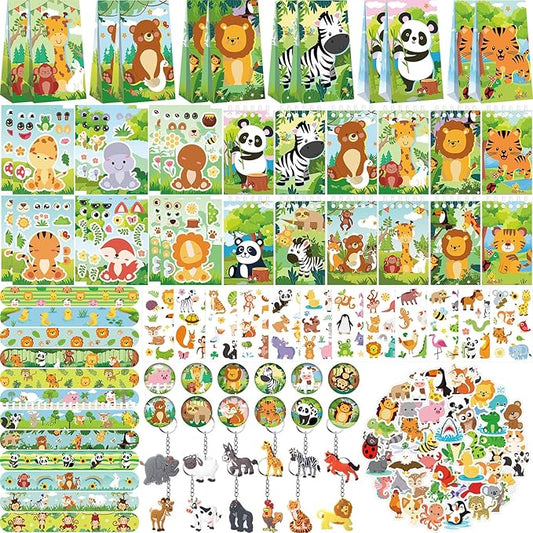 Wild Animals Party Favors, Jungle Safari Birthday Decorations, Animal Gifts Bags Keychain Mini Notepad Stickers Bracelets for Animal Party Supplies Kids Boys Girls