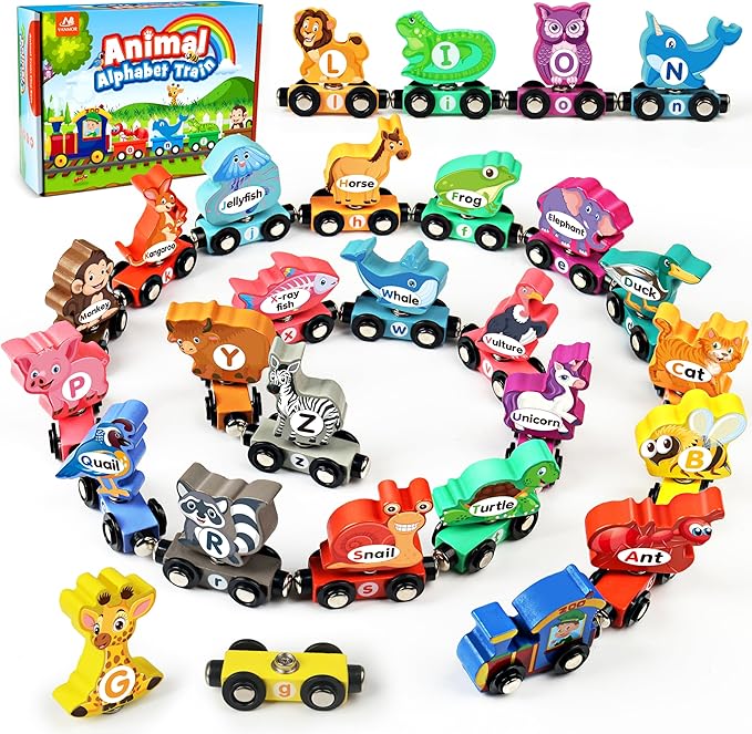 Vanmor Wooden Train Set for Toddlers - Snap-Connection Animal Trains, Magnetic Alphabet Train Learning Toys, STEM Preschool Toys, ABC and Animal Play Set for Kids Ages 3-5