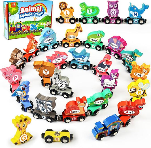 Vanmor Wooden Train Set for Toddlers - Snap-Connection Animal Trains, Magnetic Alphabet Train Learning Toys, STEM Preschool Toys, ABC and Animal Play Set for Kids Ages 3-5