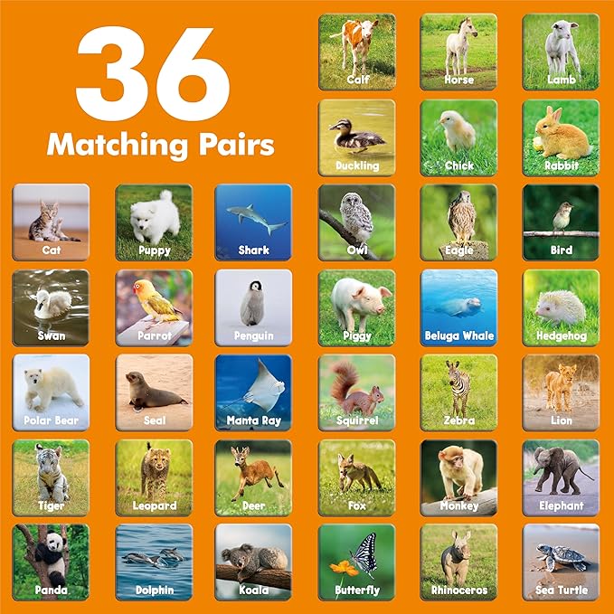 Hebayy 72 PCS Memory Matching Game, Animal Baby Matching Cards for Toddlers 36 Pairs Memory Cards for Preschool 4 5 6 Years Old