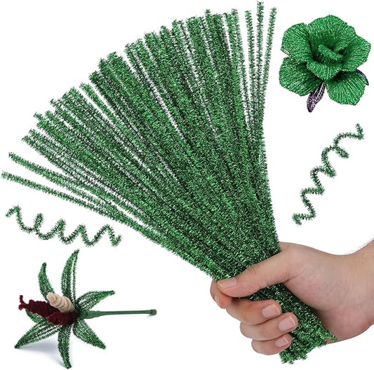 Hssugi Green Pipe Cleaners, 100PCS Pipe Cleaners Craft Supplies, Glitter Golden Pipe Cleaners Bulk Fuzzy Sticks for DIY Art and Craft Projects Home Decoration