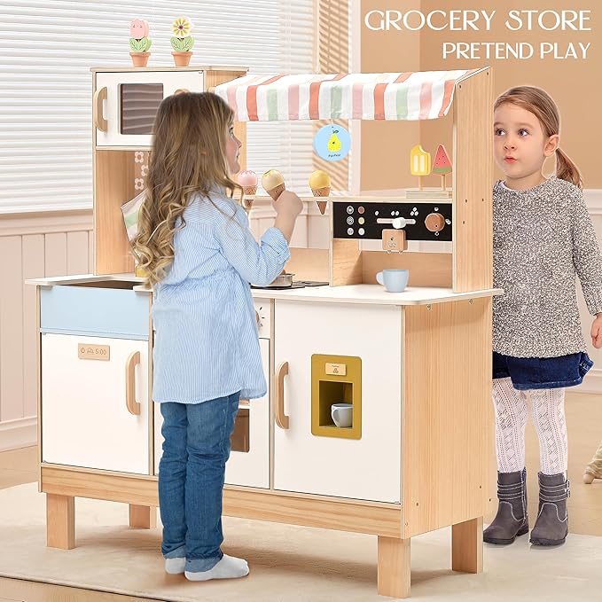 PairPear Play Kitchen for Kids, Wooden Toy Kitchen Set with Coffee Maker Ice Maker & Play Kitchen Accessories, Pretend Play Toddler Kitchen Toys Gift for Girls Boys 3+