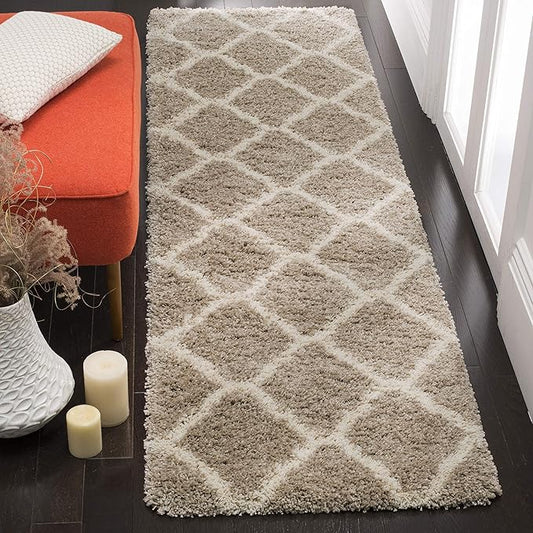 SAFAVIEH Hudson Shag Collection Runner Rug - 2'3" x 8', Beige & Ivory, Moroccan Trellis Design, Non-Shedding & Easy Care, 2-inch Thick Ideal for High Traffic Areas in Living Room, Bedroom (SGH283S)