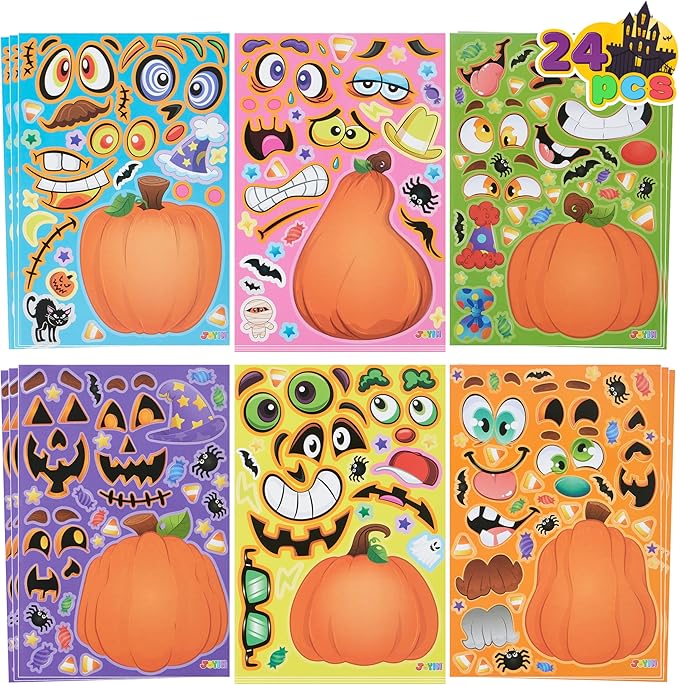 JOYIN 24 Pcs Halloween Pumpkin Decorating Stickers, Party Favor for Kids, Halloween Art Crafts Party Supplies, Pumpkin Face Sticker with 8 Designs, Halloween Treats Classroom Activities Games