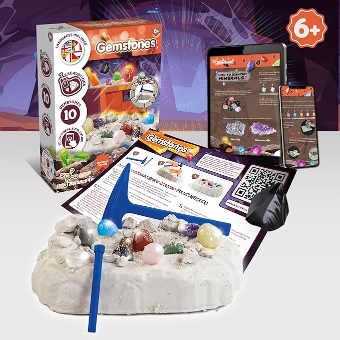 Science4you Gemstone Dig Kit for Kids – Learn About Gemstones & Archeology with This Excavation Kit, Discover All The Incredible Minerals, A Archeology Gift for Boys & Girls Age 6 7 8 9+