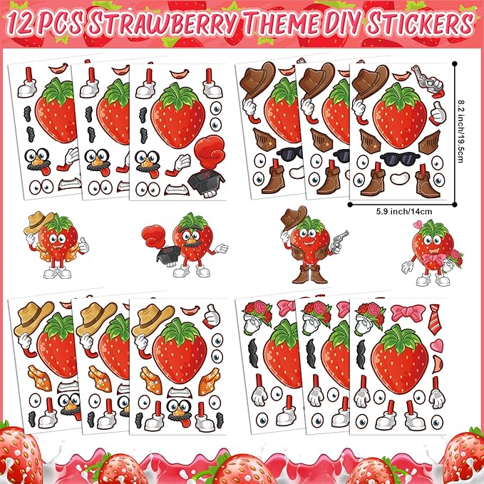 Strawberry Party Favor 72 PCS Sweet Berry Slap Bracelets DIY Stickers Temporary Tattoos Keychain Plastic Straws Gift Bags for Kids Girls Birthday Party Baby Shower Summer Fruit Goodie Bag Fillers