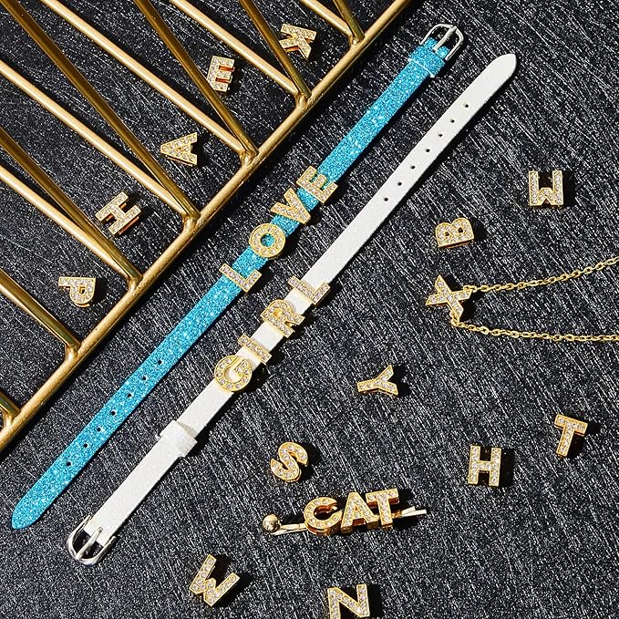 104 Pieces 8 mm Full Rhinestones Slide Alphabet Letters A-Z DIY Letters Charm for Wristbands Bracelets Necklace Choker Jewelry Making Charms Supplies, Gold