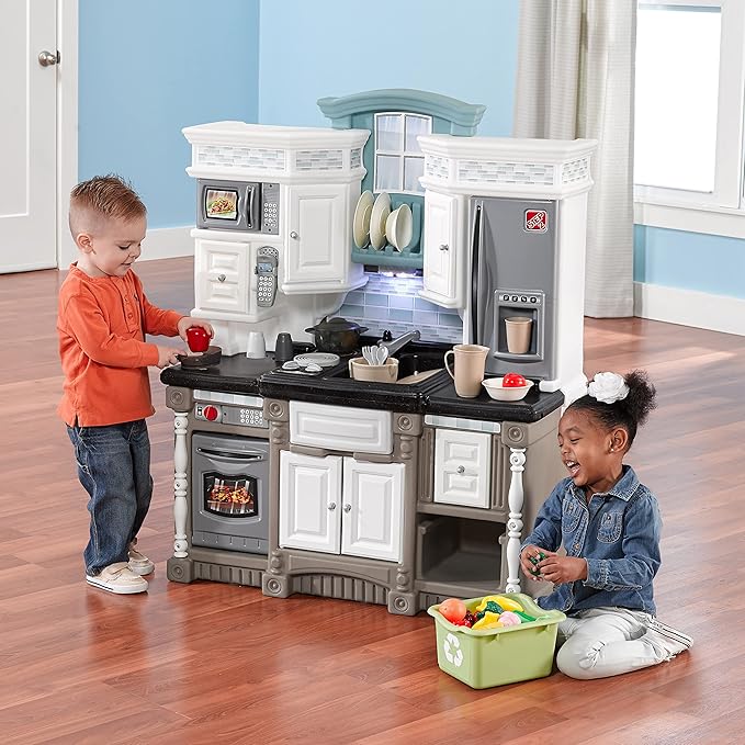 Step2 Lifestyle Dream Kids Kitchen Playset, Indoor/Outdoor Kitchenette, Interactive Play with Lights and Sounds, Made of Durable Plastic, 37 Piece Toy Accessories, Toddlers 2+ Years Old, Gray