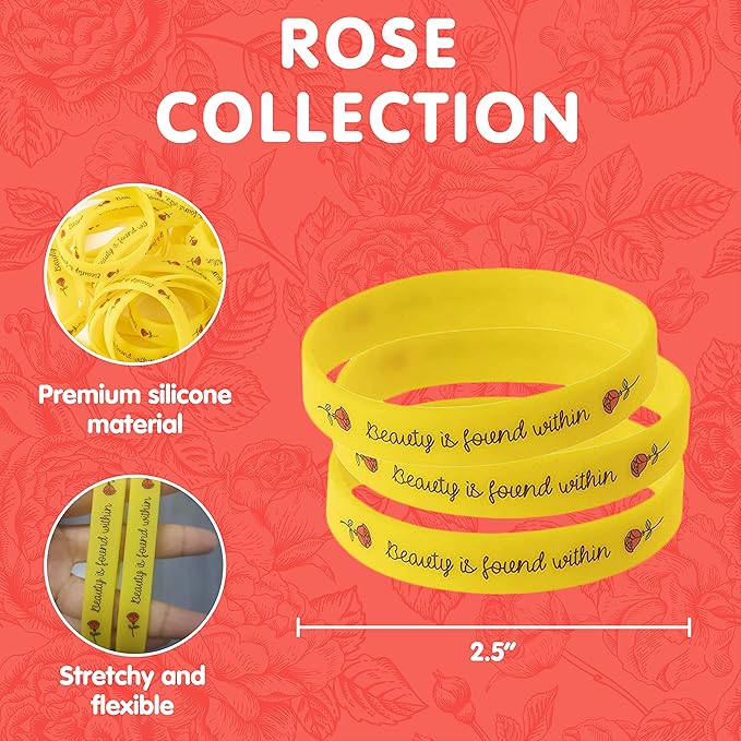 Rose Beauty Wristband Party Favors, 24 Pack Silicone Bands Beauty and the Beast Theme Bracelets for Girl Power Teens Tween Birthday Supplies Celebration Positive Message - Silicone Bracelets for Girls