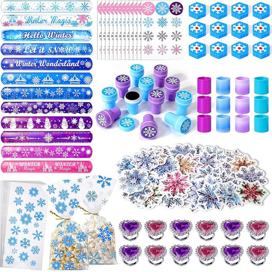 XANGNIER 134 Pcs Frozen Birthday Party Favors Decorations, Winter Frozen Party Supplies with Goodie Bag Snowflake Stickers Heart Ring Erasers Silicone Slap Bracelets Stamp Coil Springs