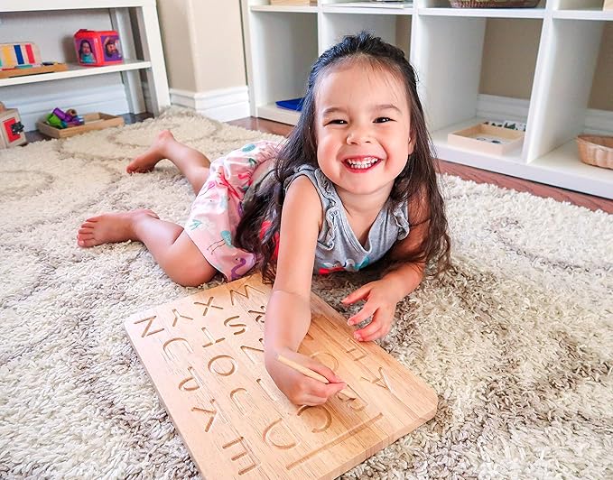 Montessori & Me Wood Alphabet Tracing Board Montessori Letters - Wooden Large Print Letters for Toddler to Preschool - Reversible Uppercase and Lowercase