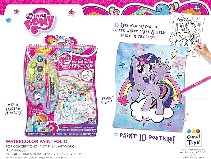 Canal Toys USA Ltd Sparkling Watercolor Pony Posters Kit - 10 Posters, 8 Shimmer Colors, Brush & Wax Crayon - Kids Art Set with Metallic Foil Accents