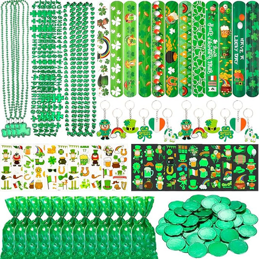 St. Patrick's Day Party Accessories Favor Set Including Luminous Tattoo Stickers, Necklaces, Slap Bracelets, Shamrock Coins, Keychains, Gift Bags for St. Patrick Irish Party Supplies Favors Decor
