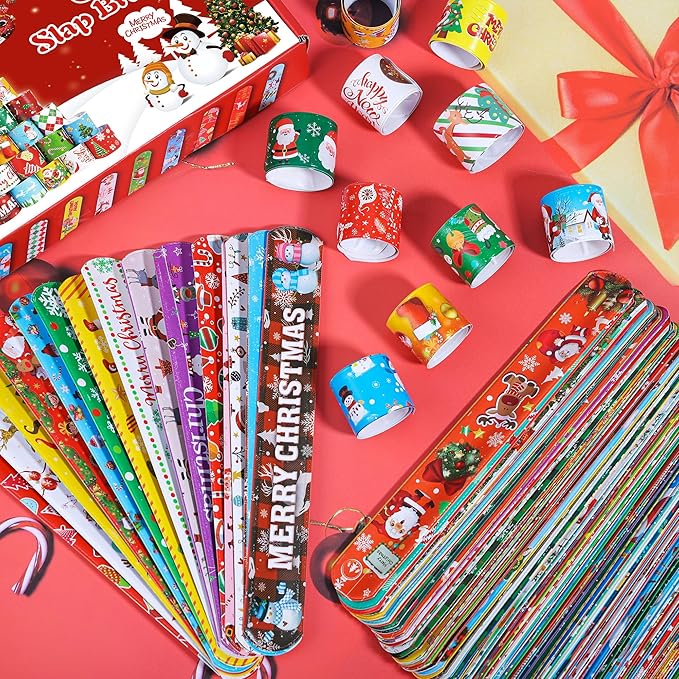 LUYI 148 PCS Christmas Slap Bracelets Christmas Party Favors Supplies for Xmas Slap Snap Bracelets Bulk Christmas Toys for Christmas Stocking Stuffers Decoration Gifts Bag Filler