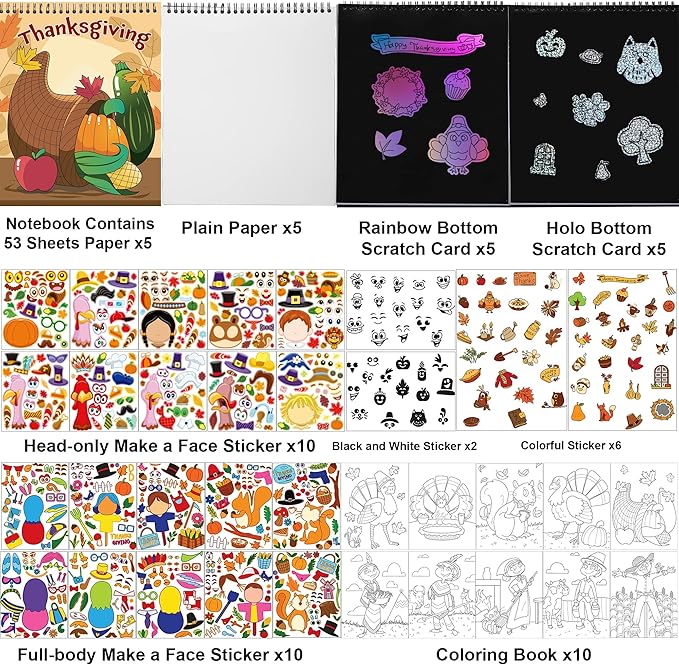 JOYIN 53 Sheets Thanksgiving Crafts Notebook with 20 Make-a-face Make A Turkey Stickers, 10 Coloring Book, 10 Scratch Cards, 5 Plain Paper and 8 Stickers Thanksgiving Party Favor Classroom Gifts