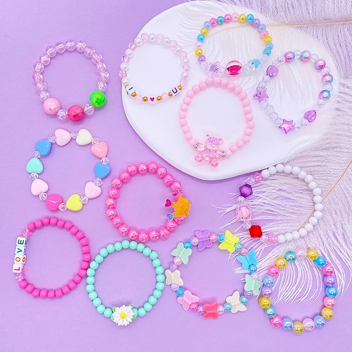 12 PCS Kids Bracelets for Girls Jewelry Little Girl Beaded Bracelets Flower Butterfly LOVE Letter Pink Princess Pretend Play Easter Christmas Birthday Gift