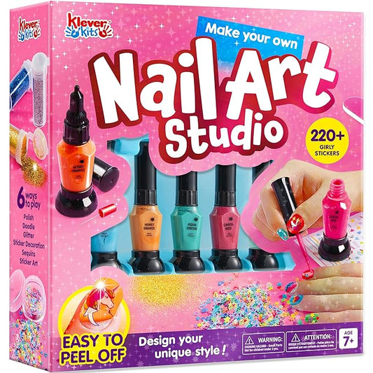Klever Kits Nail Polish Art Kit for Kids, Kid-safe, Non-toxic Materials-Children Nail Studio With Glitter, Stickers Sequins, Stroke Sticker, Polish-Girls Creative Idea Birthday Gifts Age 7 8 9 and up