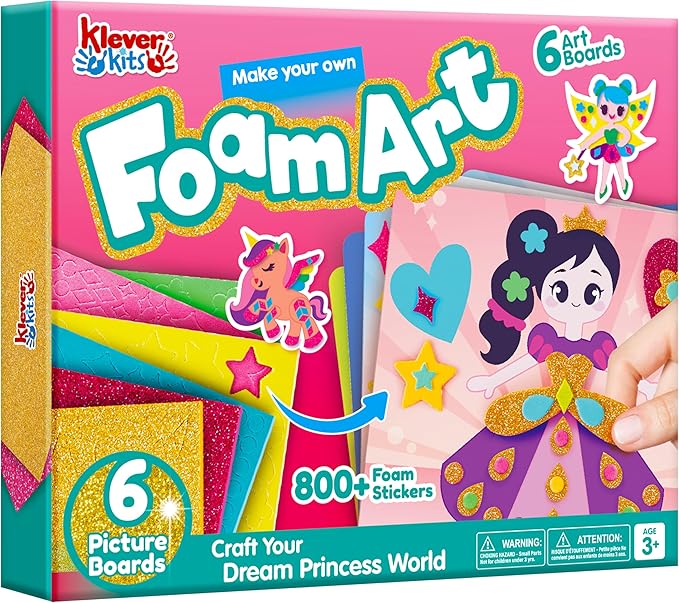 Klever Kits Foam Art Kit for Kids, EVA Foam Stickers with 6 Art Board and 800+ Stickers, DIY Arts and Crafts for Boys Girls Age 3+, Unicorns & Princesses Birthday Gifts Travel Toy