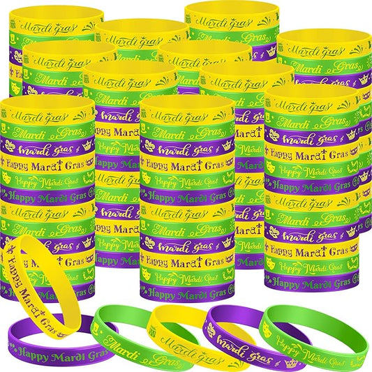 Yilloog Mardi Gras Silicone Bracelets Mardi Gras Parade Throws Bulk Party Favors Rubber Bracelets Party Supplies Decorations Goodie Bag Stuffers Fillers Silicone Wristbands(240 Pcs)