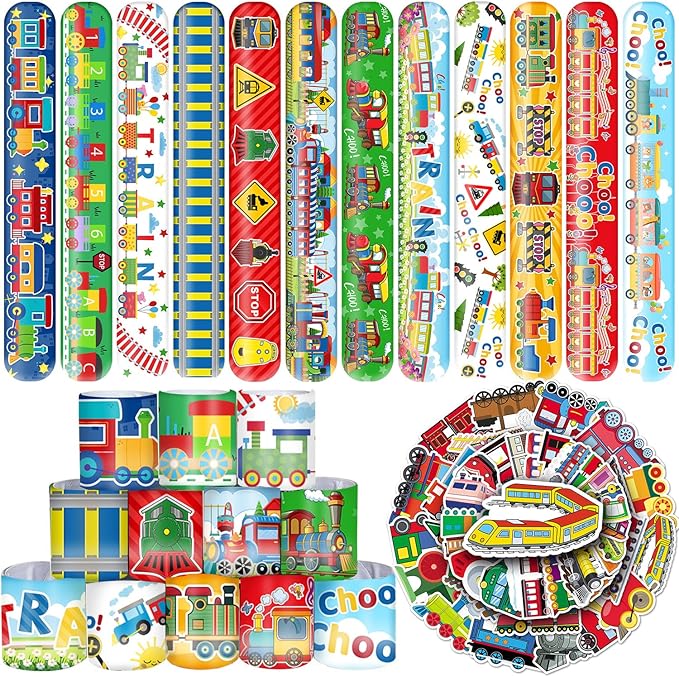 74 PCS Train Party Favors, 24 PCS Train Slap Bracelets 50 PCS Train Stickers Train Birthday Party Decorations Supplies Gifts for Kids Classroom Rewards