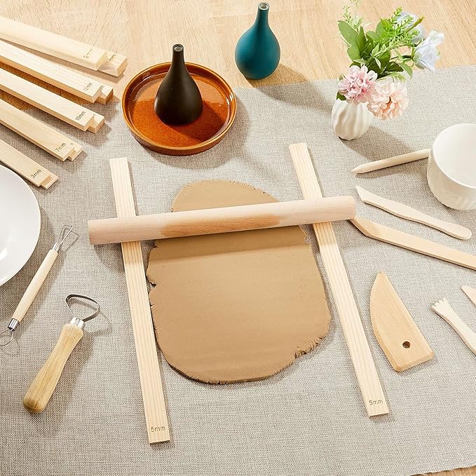 Sasylvia 20 Pcs Pottery Rolling Pin Guides Wood Teaching Rolling Mud Stick Guide Set Polymer Clay Depth Guide Pottery Tools Clay Mudboard Tools (10 Size,Wood Color)