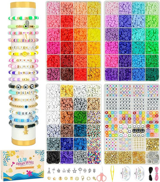 Dowsabel 15000 Pcs Clay Beads Bracelet Making Kit, 4 Boxes 72 Colors Friendship Clay Beads Bracelet Kit with Charms Kit for Jewelry Making, DIY Arts and Crafts Gifts for Kids and Adults