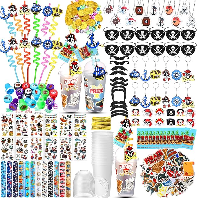 Spakon 283 Pcs Pirate Party Favors Supplies Halloween Party Include Pirate Pendants Bracelets Cup Straw Keychains Rings Eye Masks Mustache Tattoo Stickers Gold Coins Cards for Birthday Party
