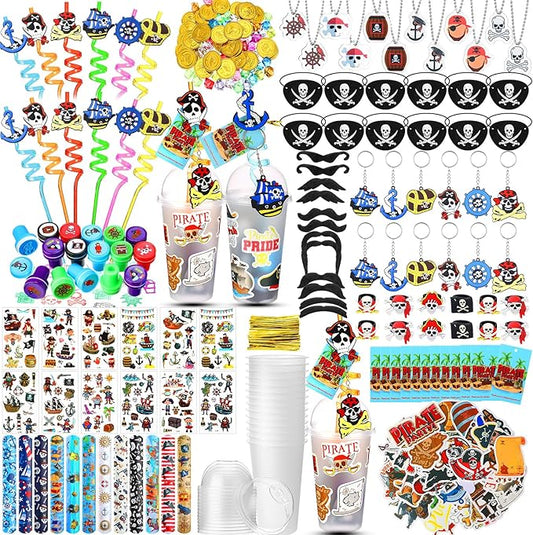 Spakon 327 Pcs Pirate Party Favors Supplies Halloween Party Include Pirate Pendants Bracelets Cup Straw Keychains Rings Eye Masks Mustache Tattoo Stickers Gold Coins Cards for Birthday Party