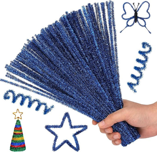 Hssugi Royal Blue Pipe Cleaners, 100PCS Pipe Cleaners Craft Supplies, Glitter Golden Pipe Cleaners Bulk Fuzzy Sticks for DIY Art and Craft Projects Home Decoration