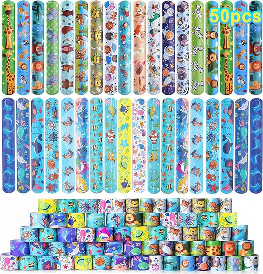Viicoor Slap Bracelets, 50Pcs Snap Bracelet Wrisrtband for Party Favors Basket Bag Filler School Prizes Birthday Gifts Party Favors Bulk (#4-Marine Animals-50pcs)