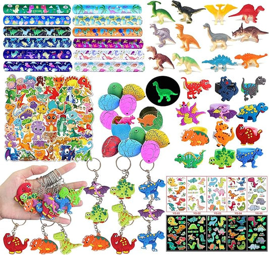 XIPEGPA 132 PCS Dinosaur Party Favors with Dinosaur Themed Eggs Dinos Slap Bracelets Keychains Rings Stickers for Kids Birthday Party Supplies Classroom Prizes Box Gift Goodie Bag Fillers