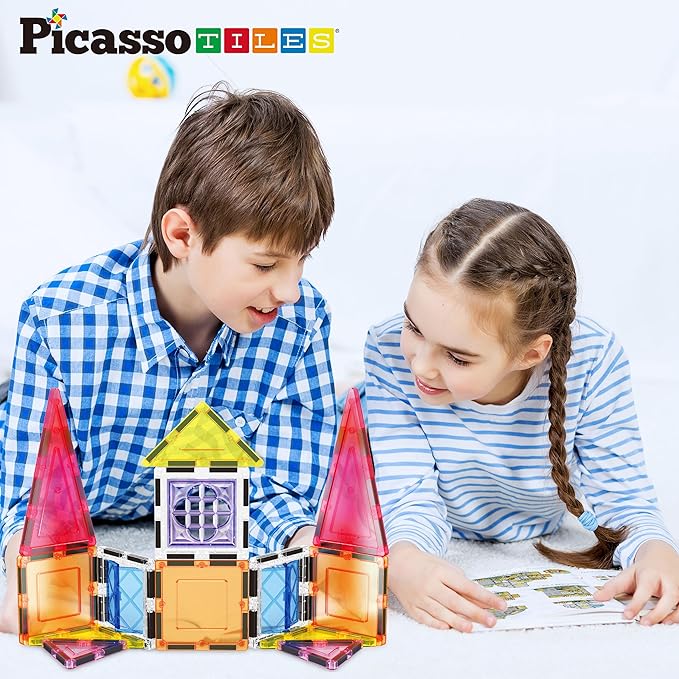PicassoTiles Magnetic Tiles Magnet Tile Building Blocks Construction Set with 110+ Page IdeaBook Included STEM Learning Toys Toddlers Educational Fun Pretend Play Kids Boys Girls Sensory Toys Ages 3+