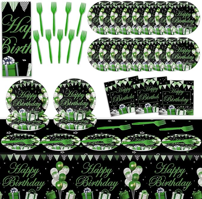 Green Happy Birthday Party Supplies Green Silver Black Party Tableware Includes Confetti Sprinkles Plates Napkins Fork and Green Birthday Tablecloth for Birthday Parties Decorations Set Serve 20
