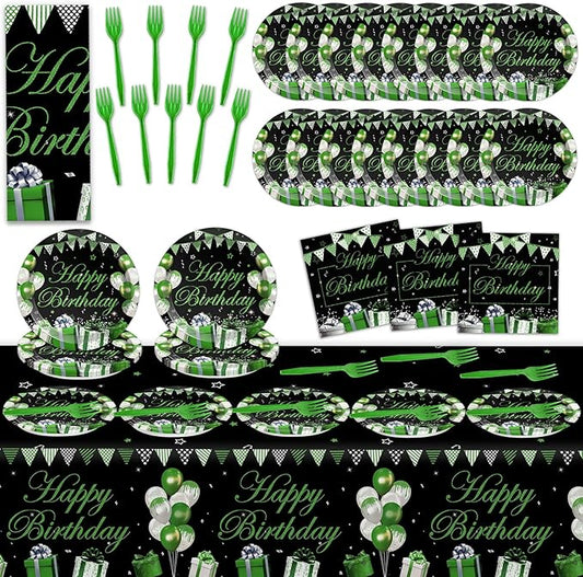 Green Happy Birthday Party Supplies Green Silver Black Party Tableware Includes Confetti Sprinkles Plates Napkins Fork and Green Birthday Tablecloth for Birthday Parties Decorations Set Serve 20