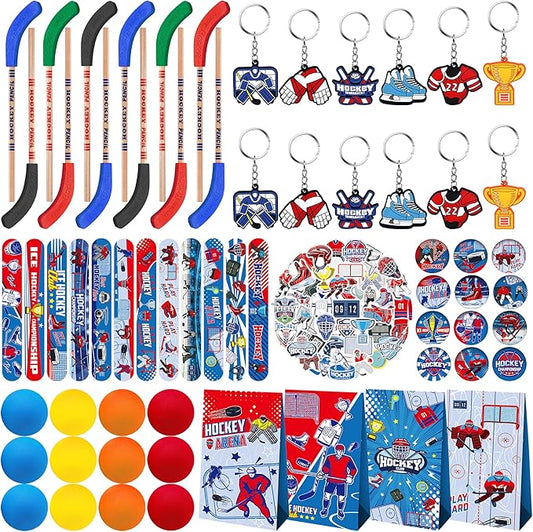 113 PCS Hockey Party Favors Set ,41 Hockey Stickers, 12 Goodie Bags,12 Button Badges,12 Slap Bracelets, 12 Balls, 12 Pencils, 12 Keychains for Ice Hockey Sports Party Birthday Gift Supplies